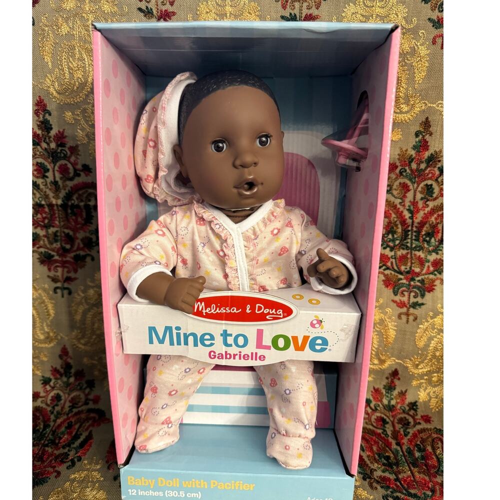 NEW Melissa & Doug Mine to Love Gabrielle 12" Sleeping Black Baby Doll Pacifier